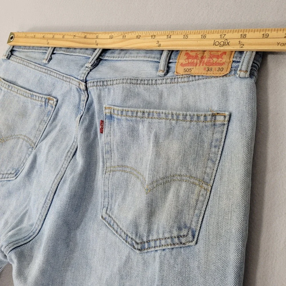Levi 505 Jeans Mens Size 38x30 Blue Light Wash Straight Leg Distressed Stains